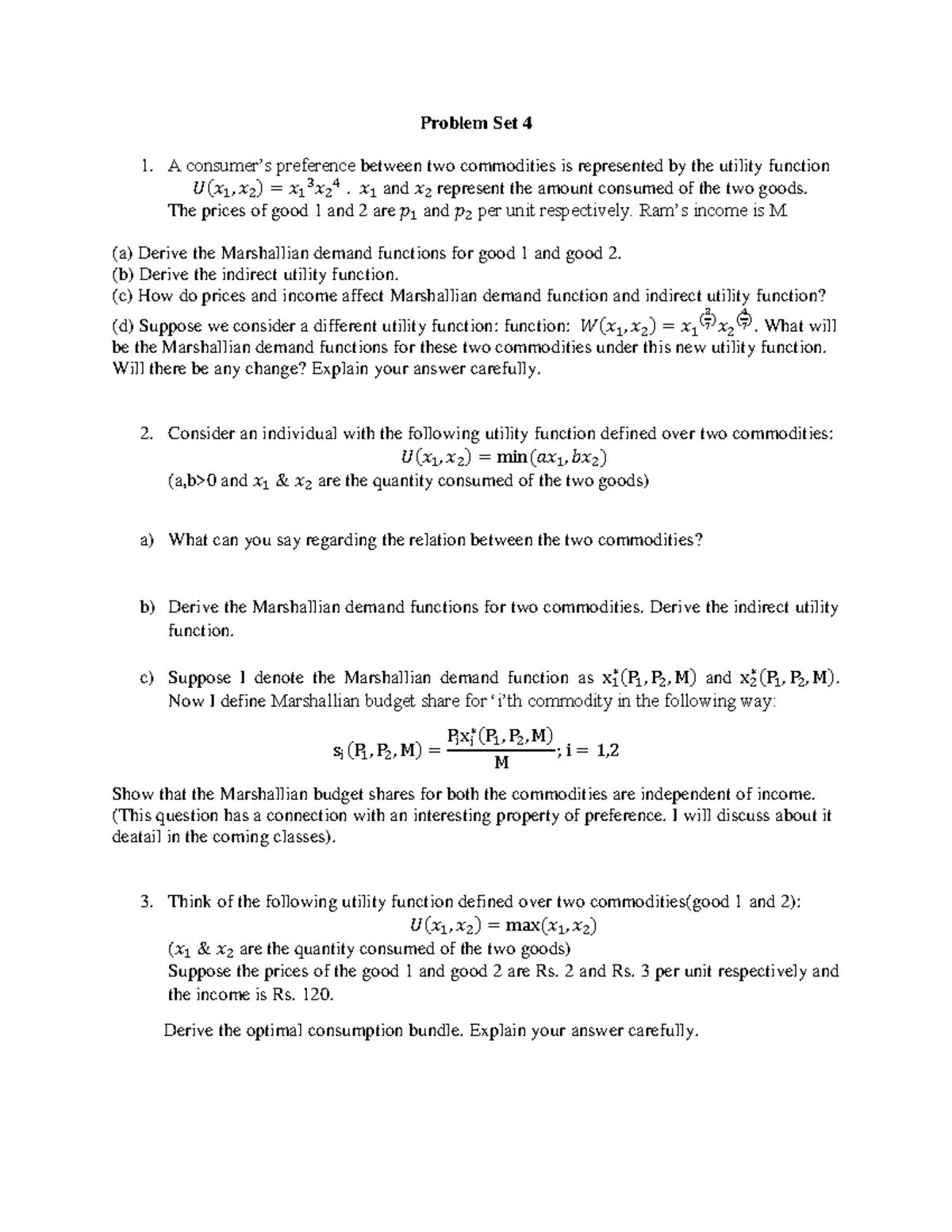 Problem Set 4: Utility Functions and Marshallian Demand Analysis - Studocu