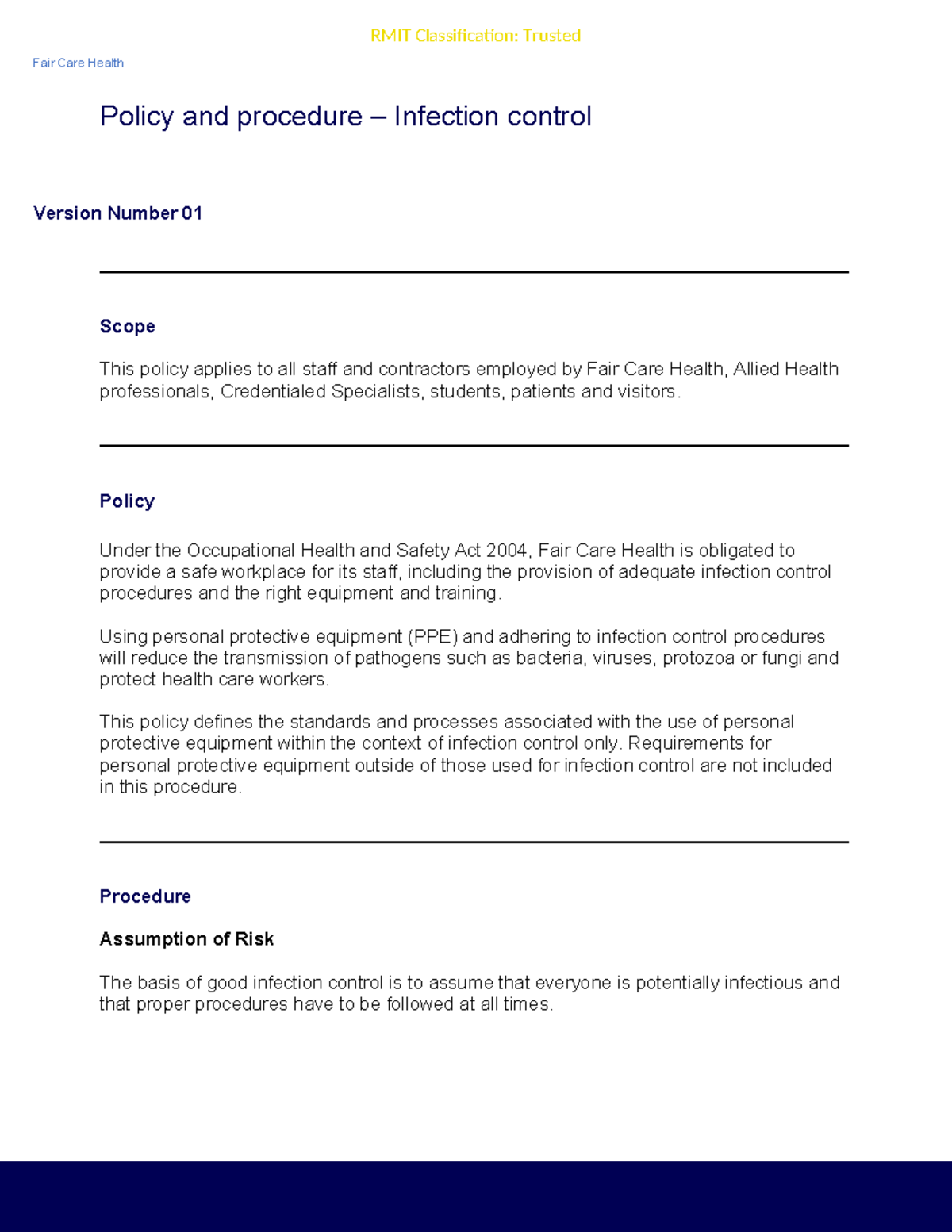 Fair Care Health Infection Control Policy & Procedures (Version 01 ...
