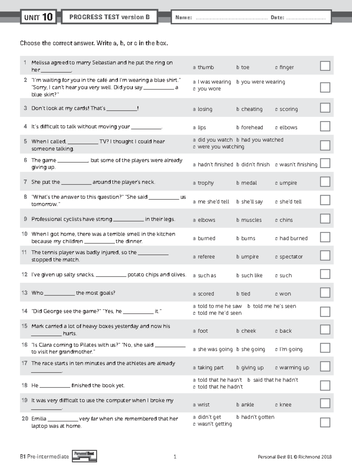 PB Am E B1 Unit Test U10 Version B: Progress Test Questions - Studocu