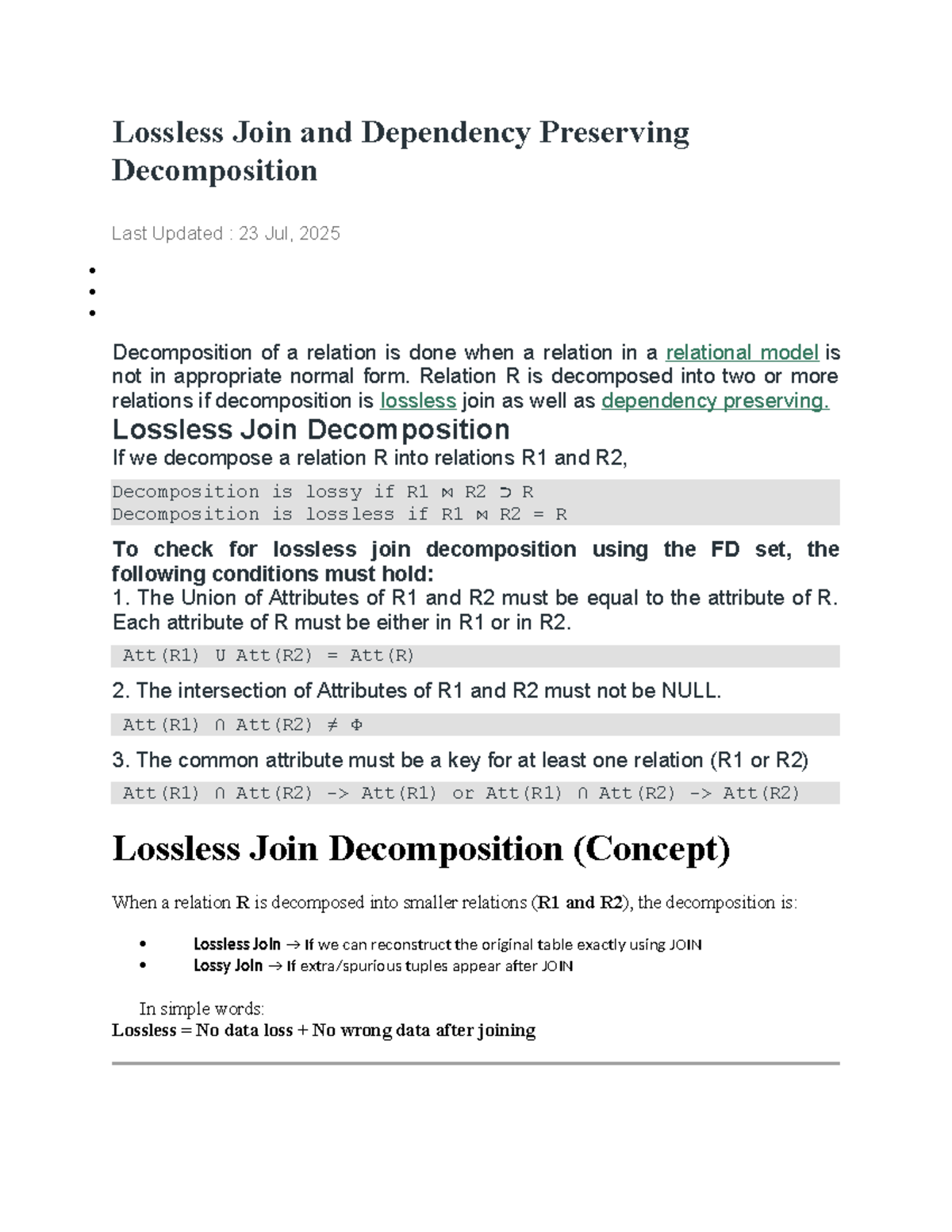 Lossless Join & Dependency Preserving Decomposition Notes - Studocu