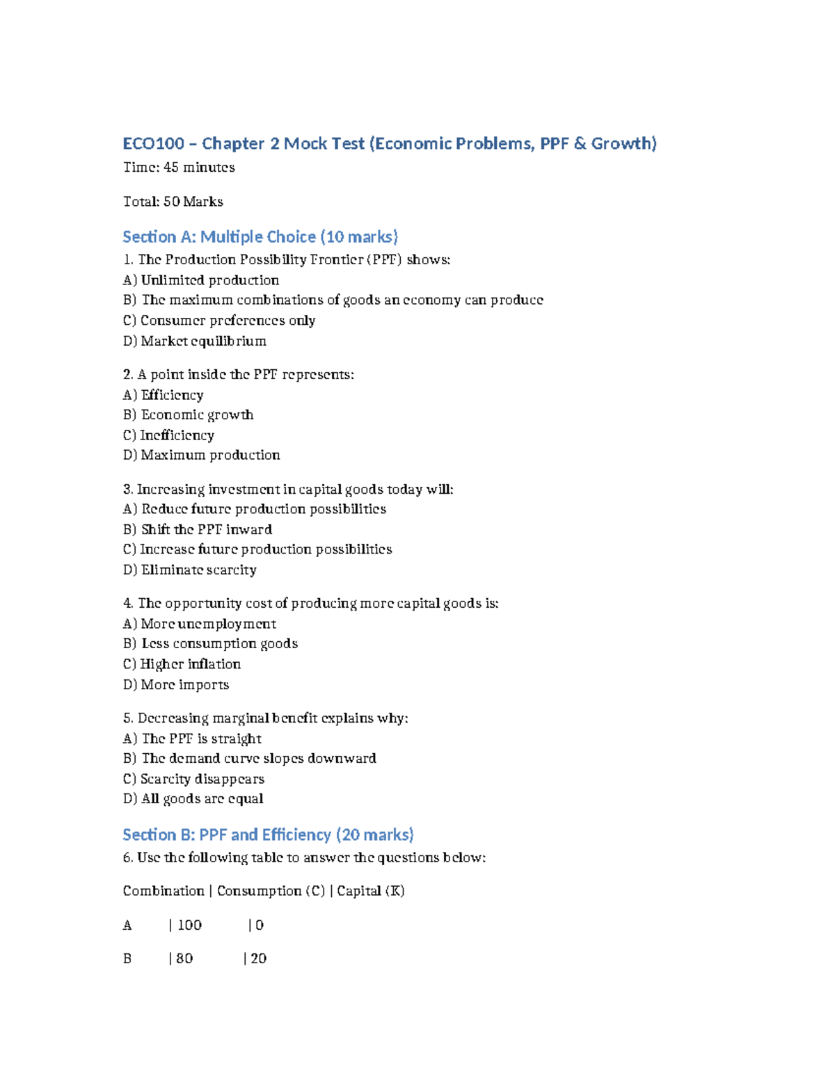 ECO100 Chapter 2 Final Mock Test: Economic Problems & PPF Growth - Studocu