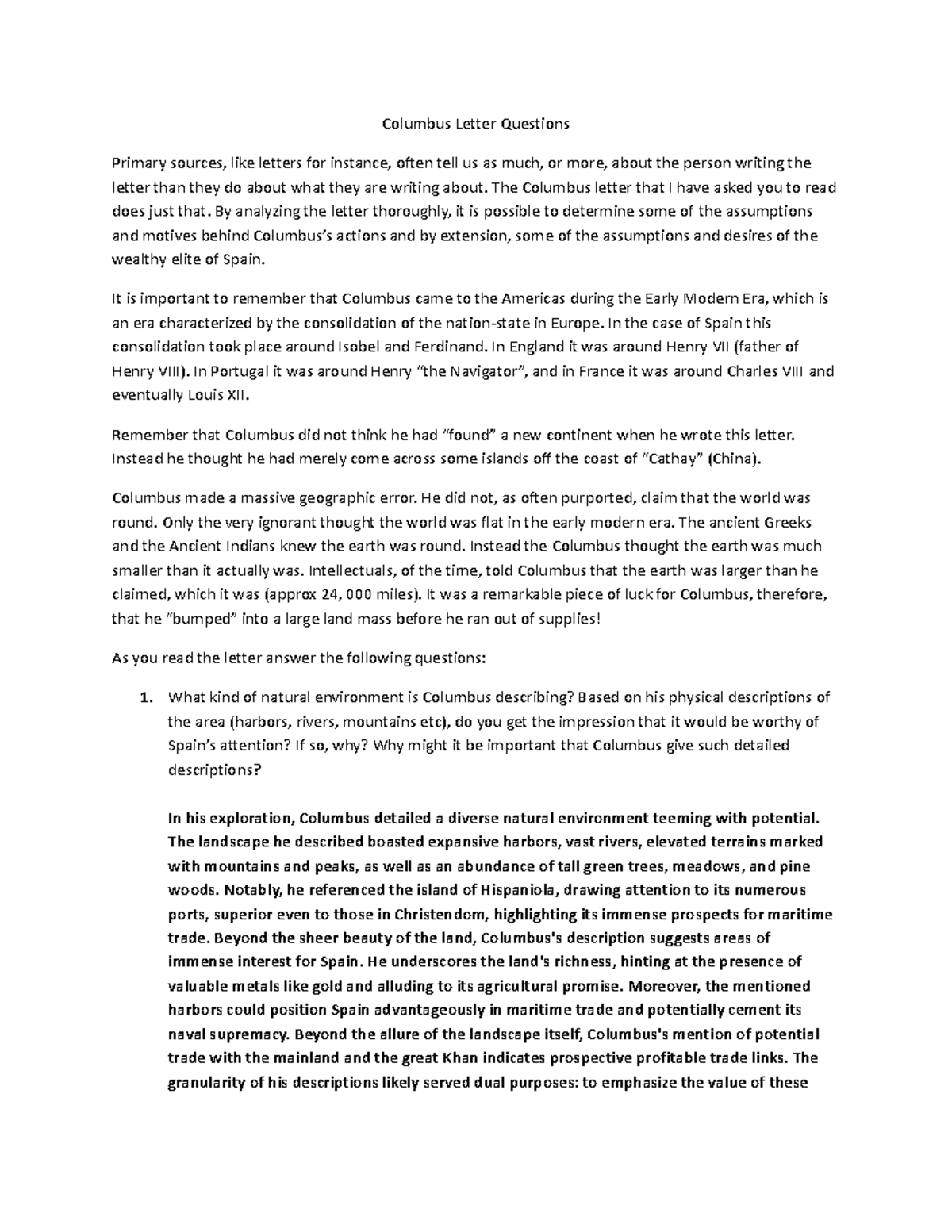 Columbus Letter Analysis and Reflection Questions for History 101 - Studocu