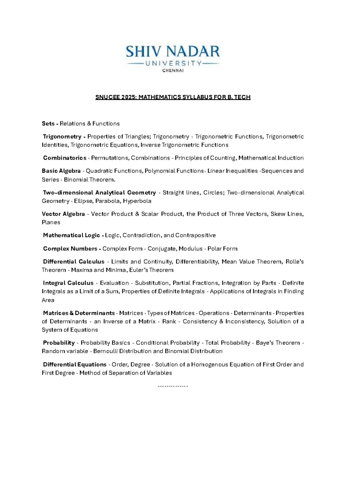SNUCEE 2025: Key Topics in Mathematics for B. Tech Students - Studocu