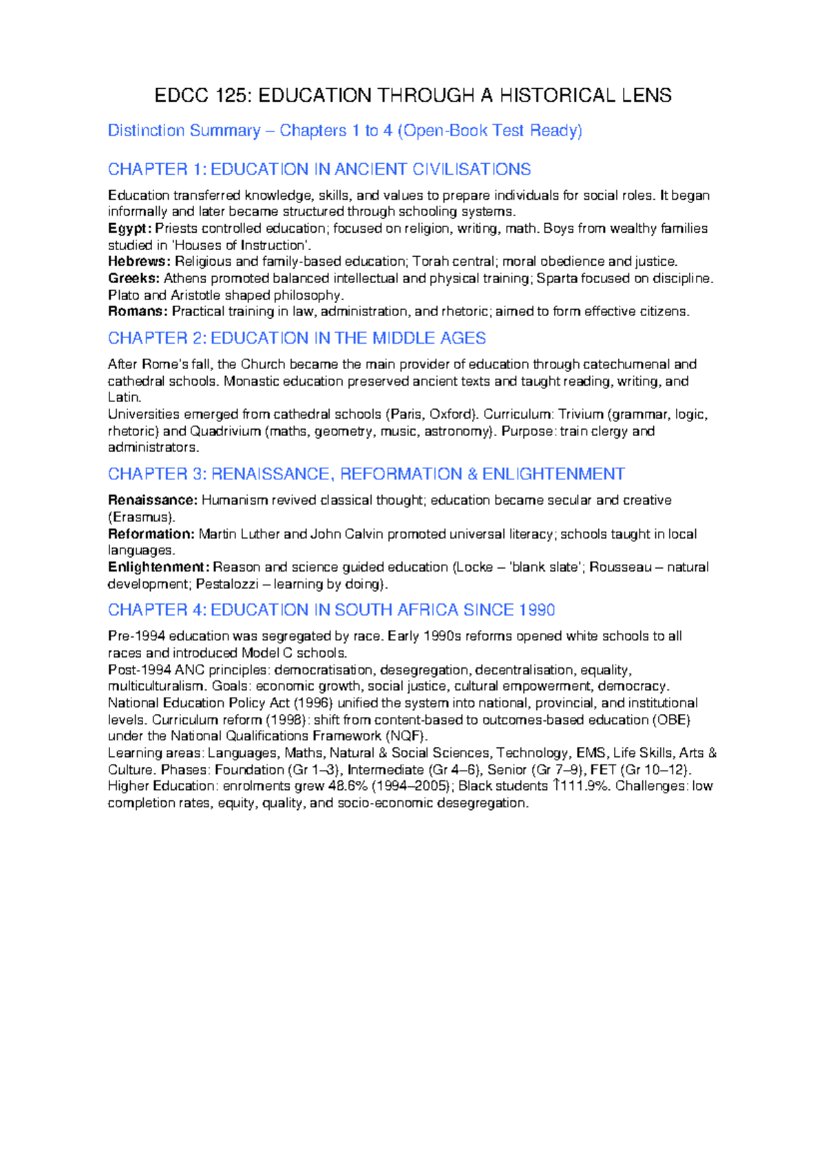 EDCC 125: Distinction Summary of Education History (Chapters 1-4) - Studocu
