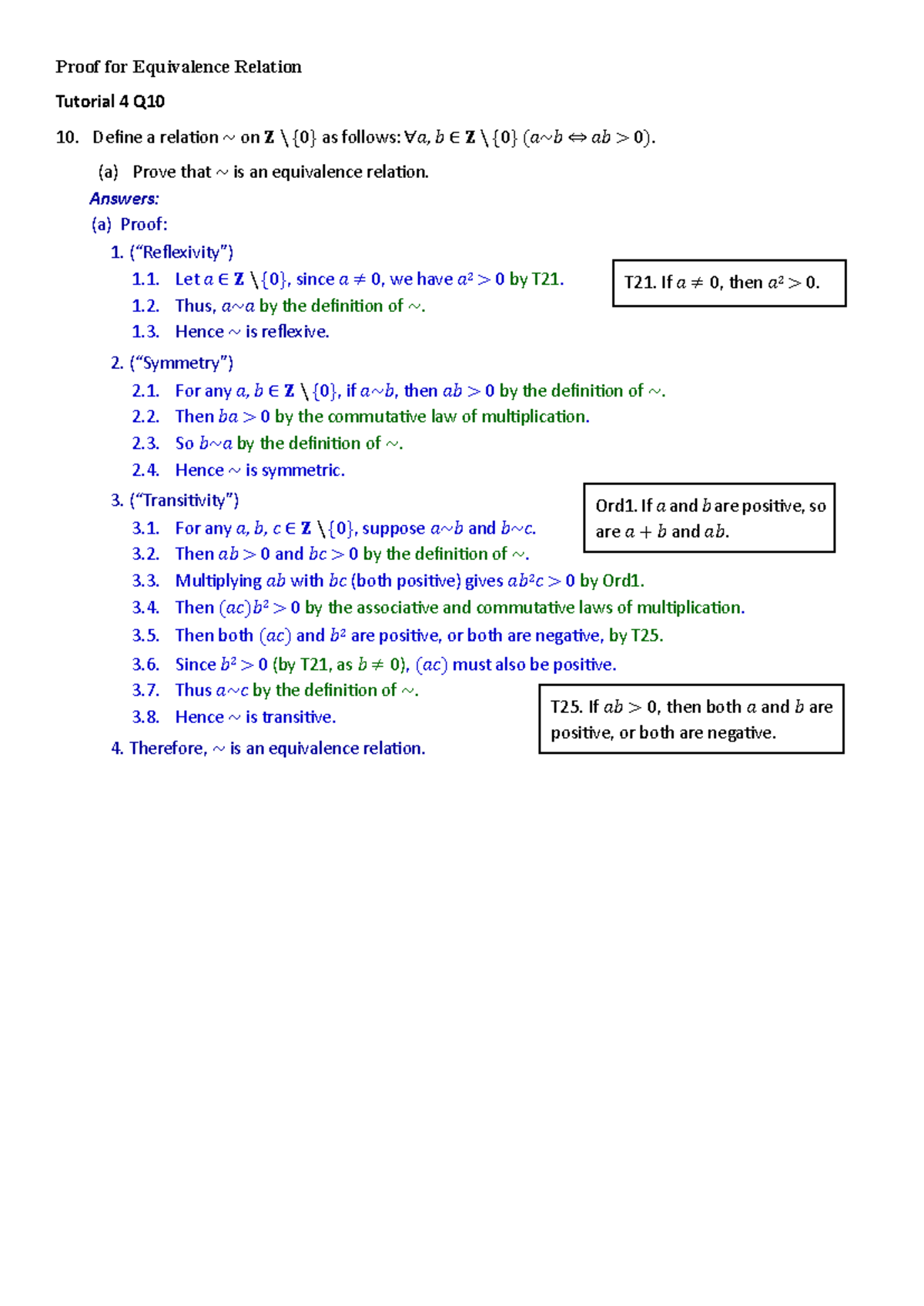 Proof of Equivalence Relation in Tutorial 4 (Math 101) - Studocu