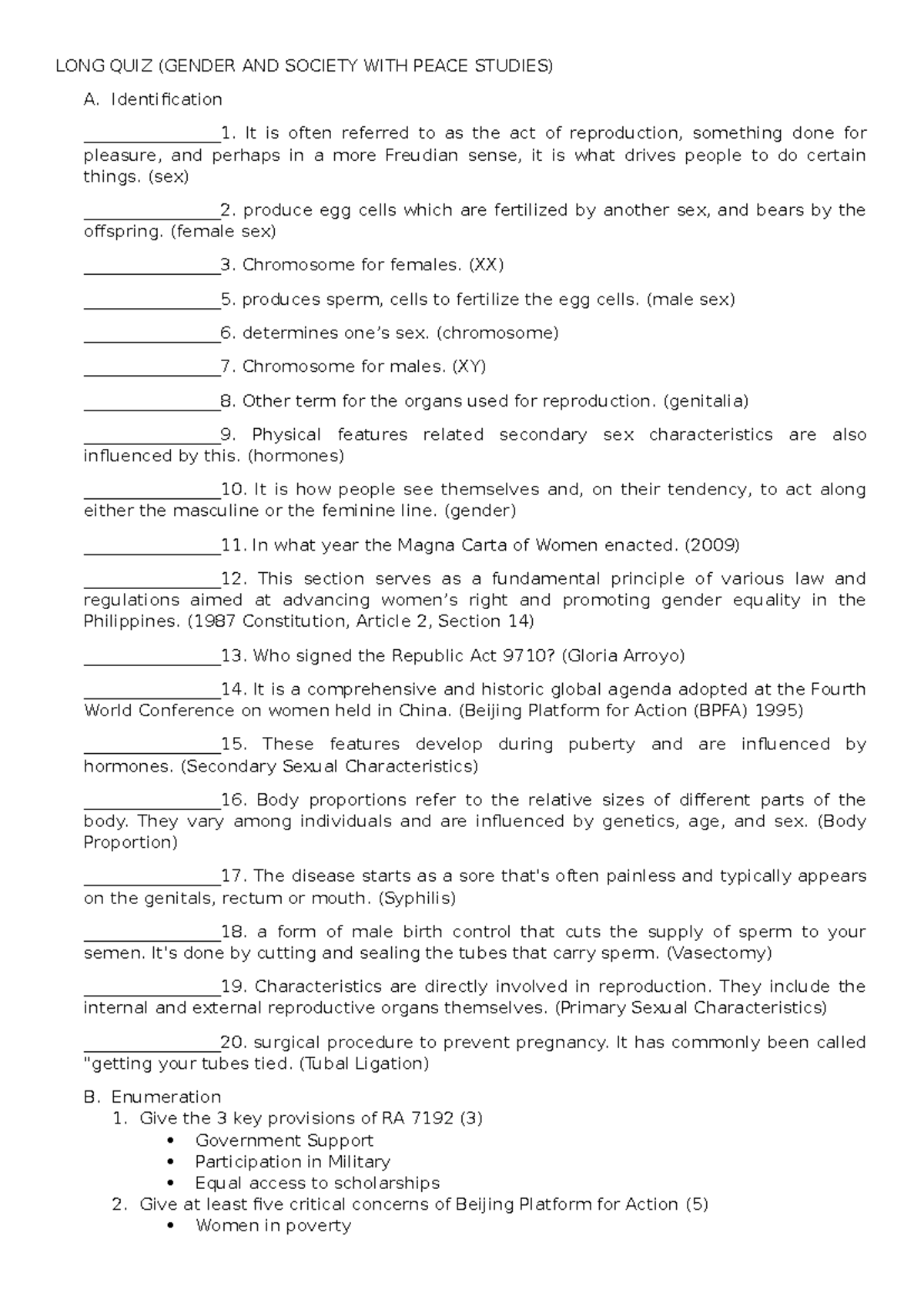 GSPS- Prelim Quiz Answer Key: Gender & Society (Long Quiz) - Studocu