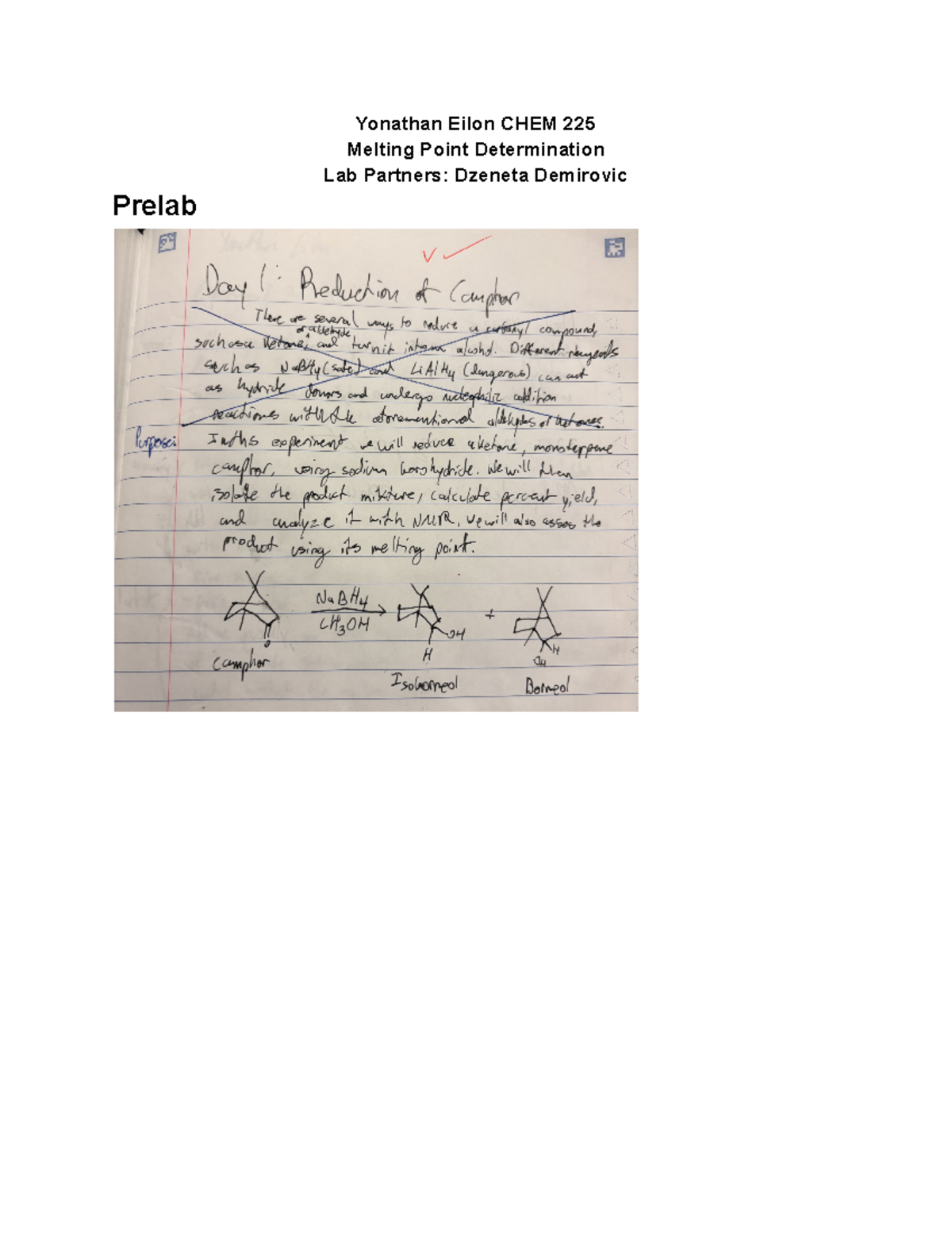 Orgo 2 lab report 1 - Yonathan Eilon CHEM 225 Melting Point ...