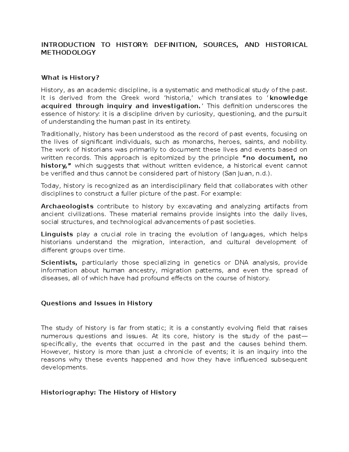 1 - None - INTRODUCTION TO HISTORY: DEFINITION, SOURCES, AND HISTORICAL ...