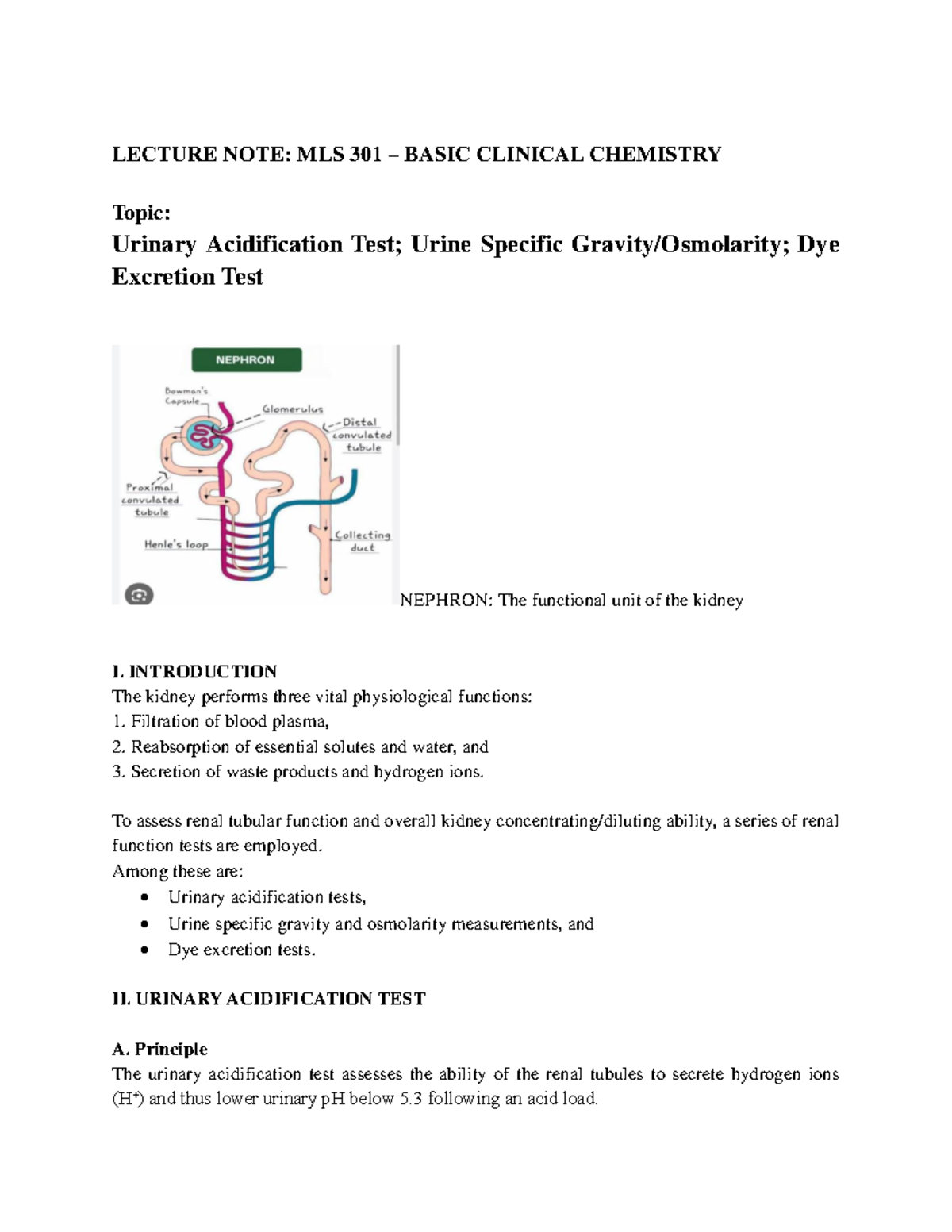 MLS 301 LECTURE NOTES: Urinary Acidification & Dye Excretion Tests ...