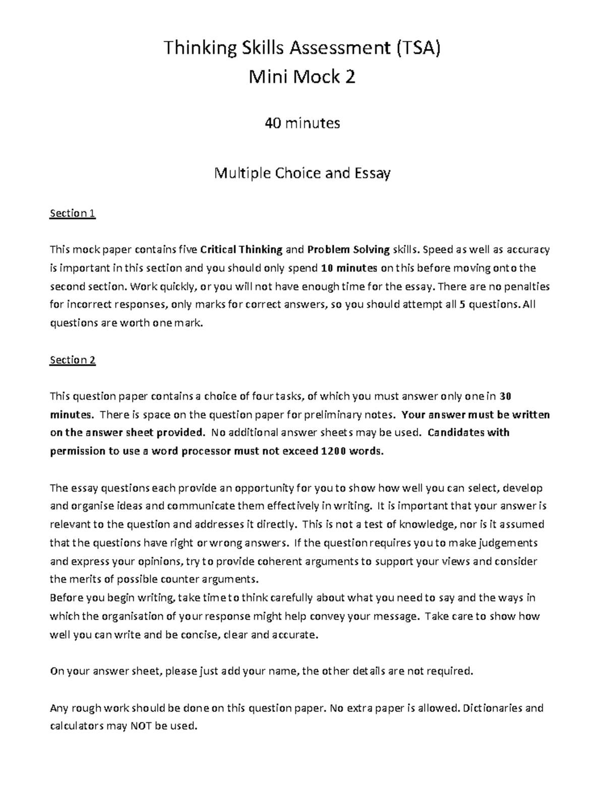 61 - TSA Mini Mock Paper: Critical Thinking & Problem Solving Skills ...