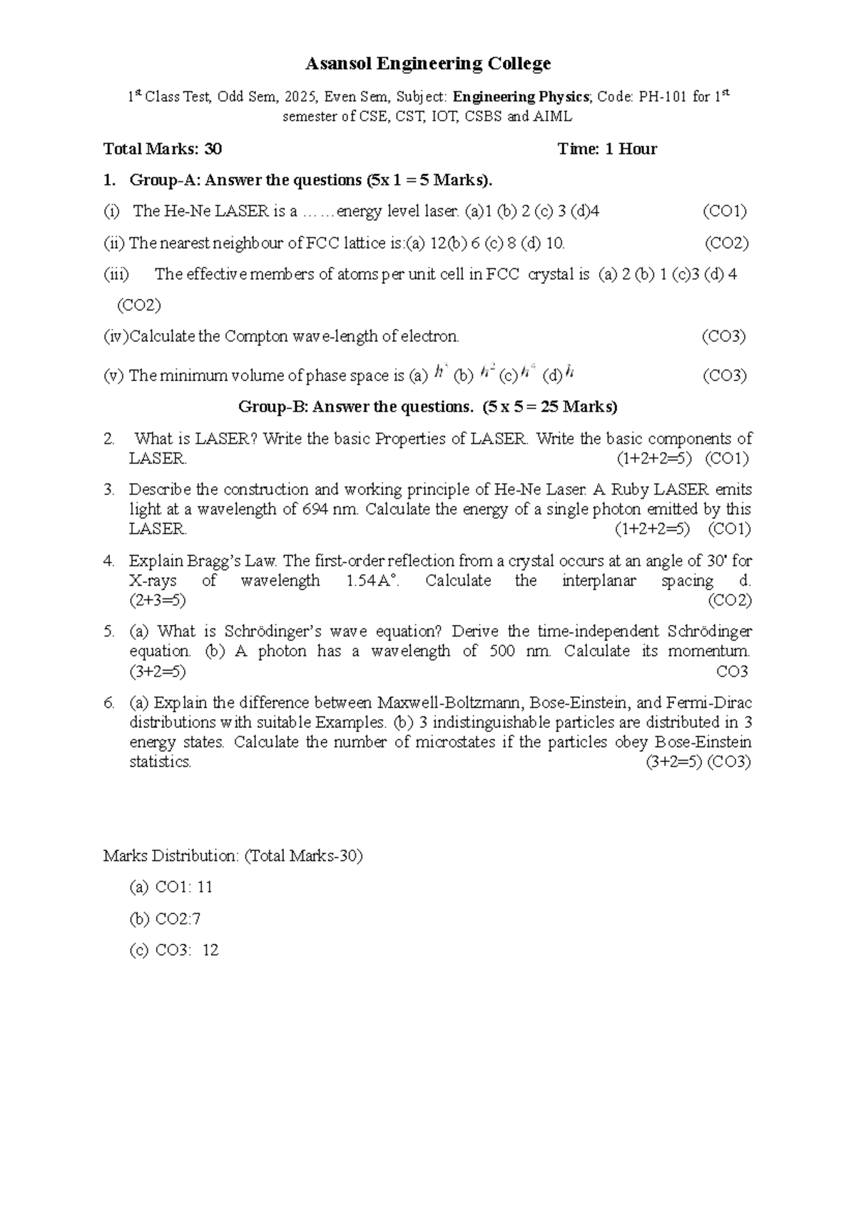 B.Tech CSE 1st Sem Odd Sem Test 2025: Engineering Concepts - Studocu