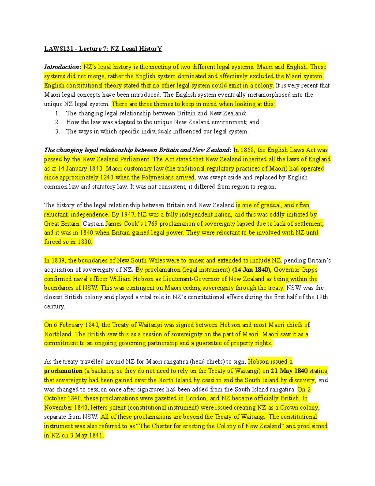 NZ Legal History Notes - LAWS121 - Lecture 7: NZ Legal HistorY ...