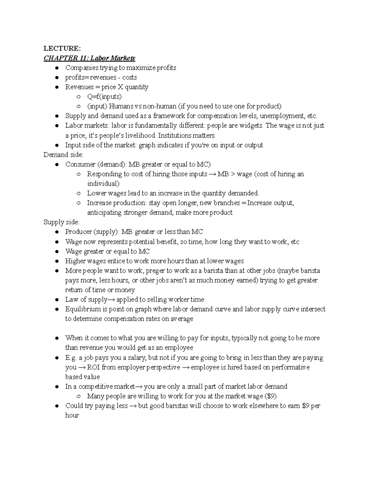 ECON 201 CH 11 & 12 - Labor Markets Lecture Notes Summary - Studocu