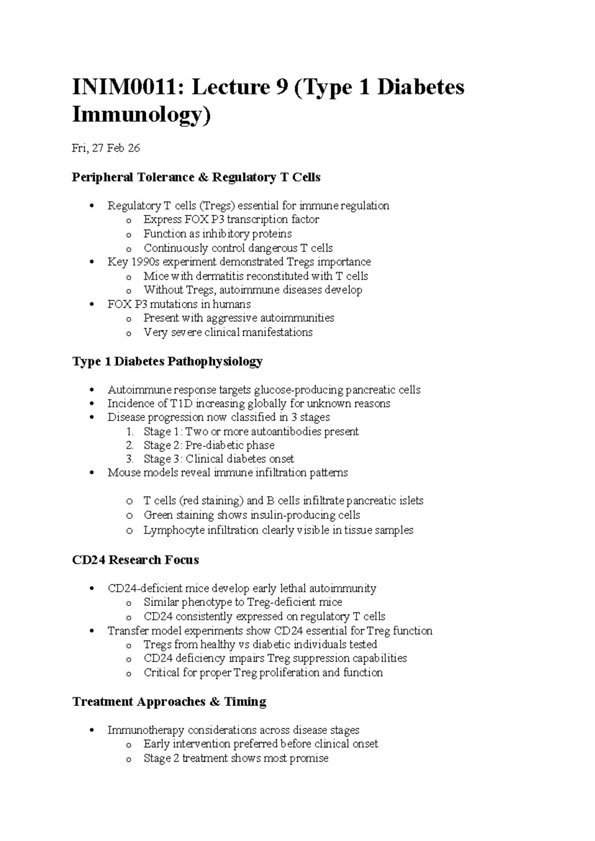 INIM0011: Lecture 9 - Type 1 Diabetes Immunology Insights - Studocu