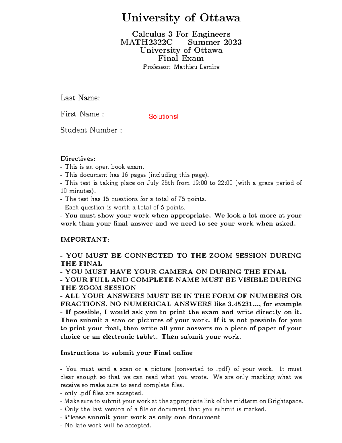 MATH2322C Final Exam Solutions - Calculus 3 (Summer 2023) - Studocu