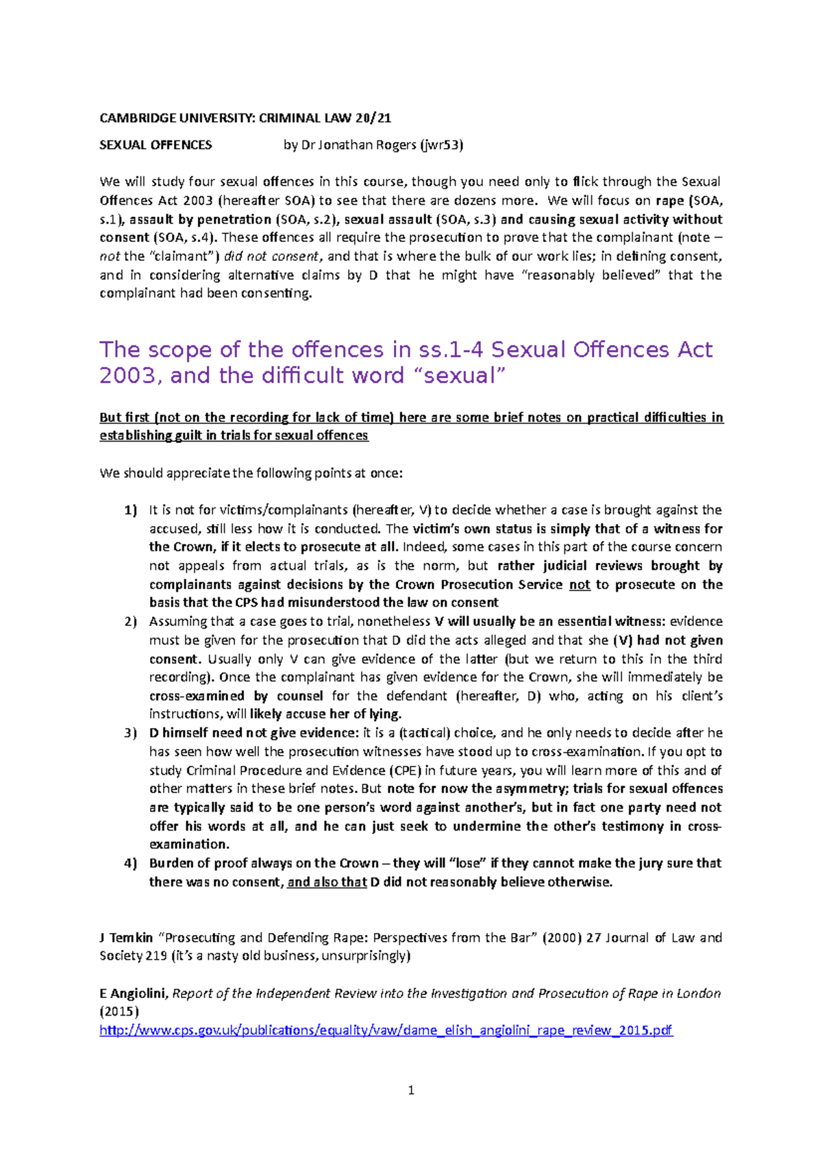 Lecture Notes on Sexual Offences in Criminal Law (CRIM 20) - Studocu