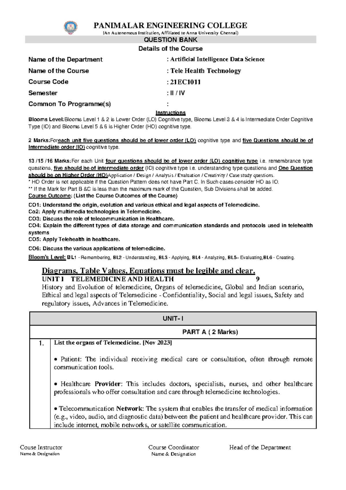 21EC1011 - Tele health technology question bank for students - Studocu