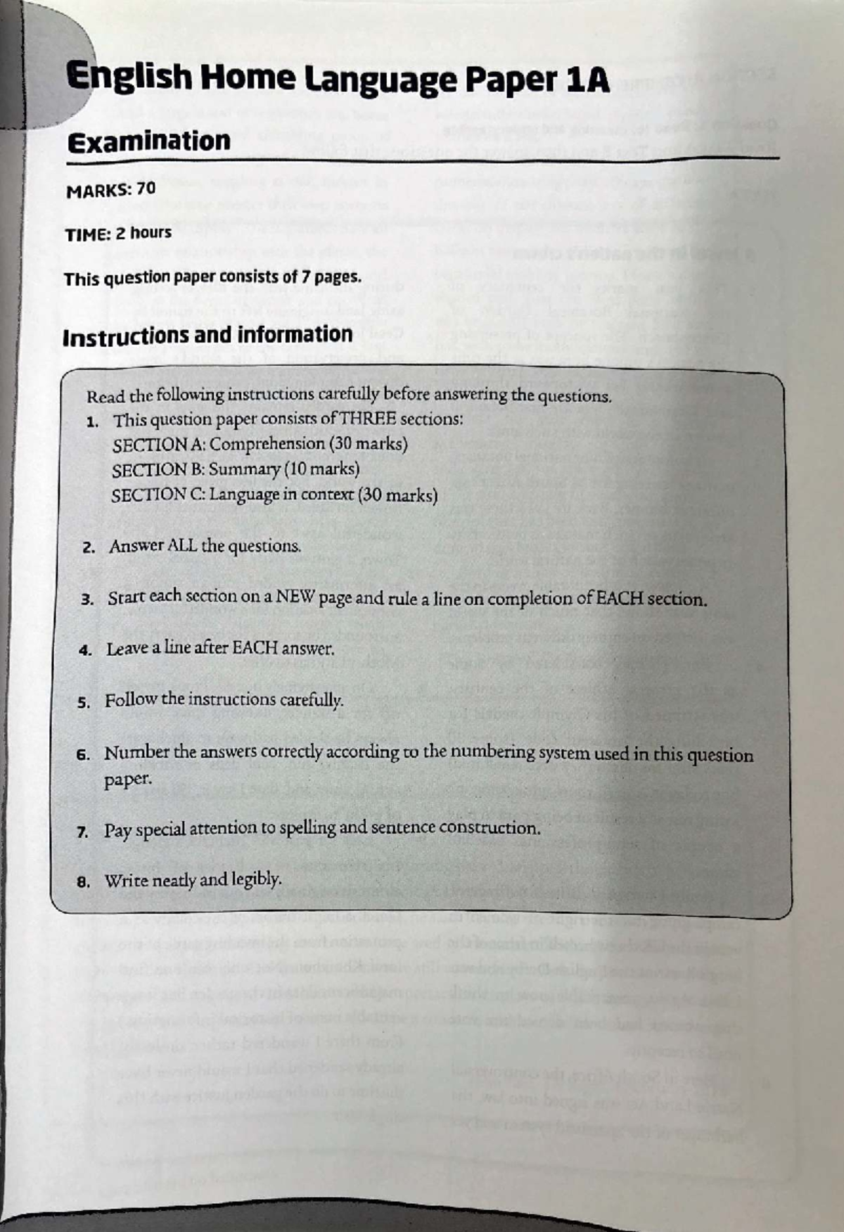 Home Language Paper 1A: Exam Questions & Marking Guide - Studocu