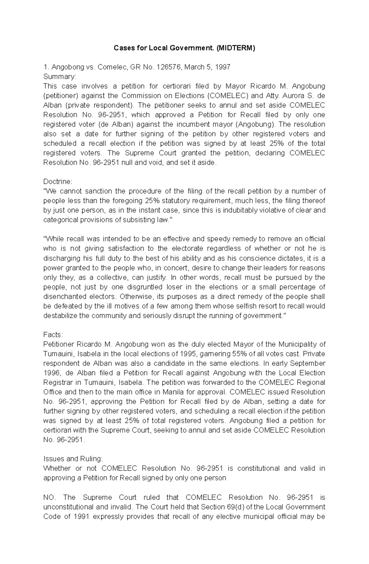 Cases in Local Government (MIDTERM) Summary and Rulings - Studocu