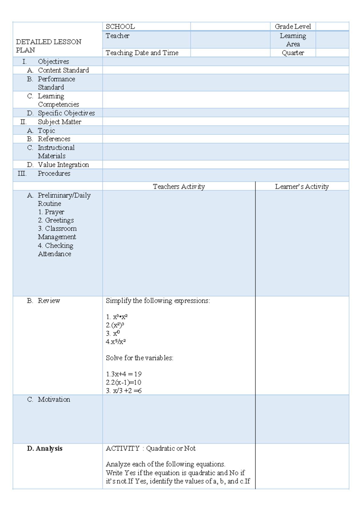 Lesson Plan Format I: Quadratic Equations Activity for Teachers - Studocu