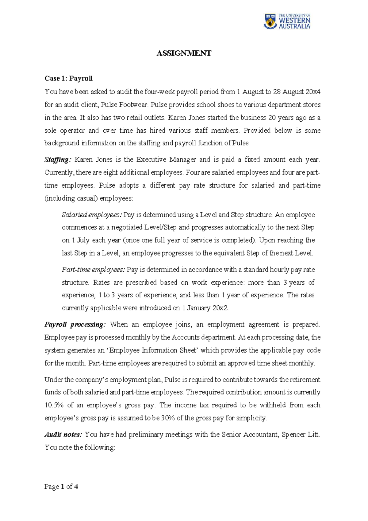 Case Study 1: Payroll Audit for Pulse Footwear (Period 1 Aug - 28 Aug ...