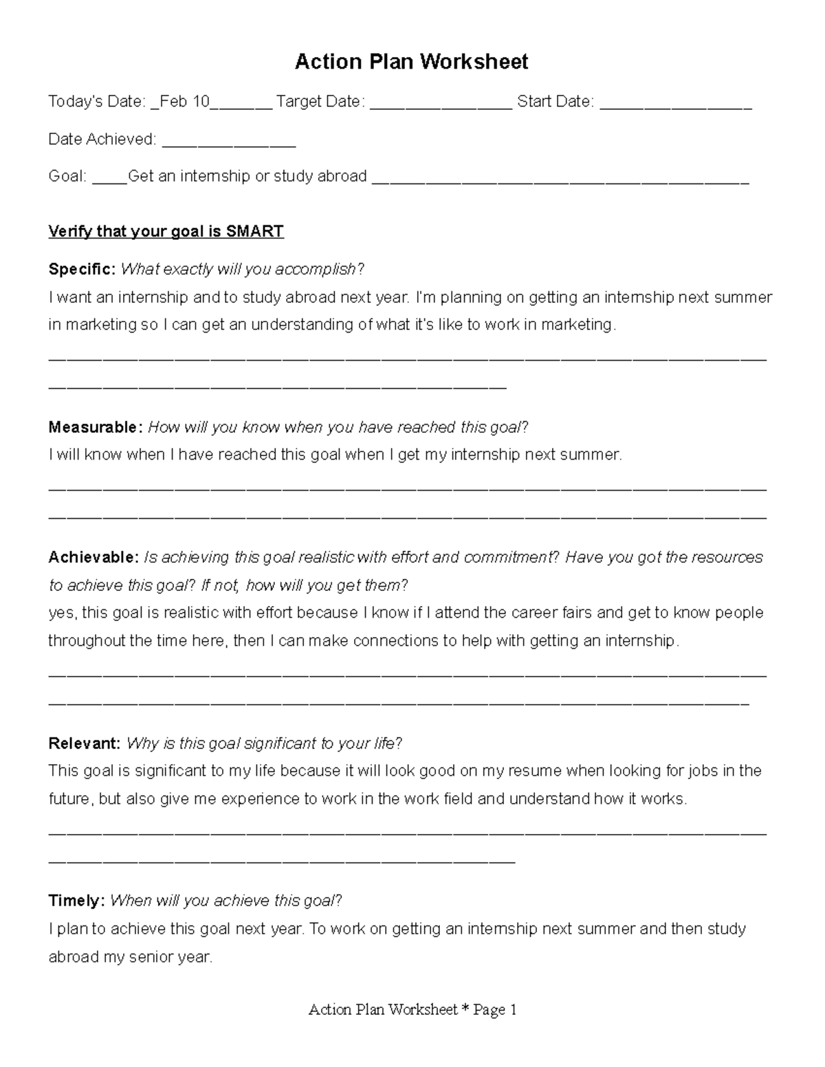 Action Plan Worksheet for Internship & Study Abroad Goals 2023 - Studocu