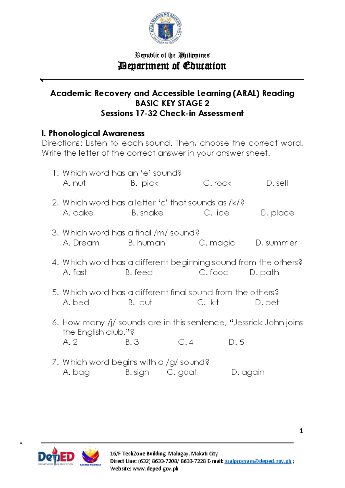 [ Final] ARAL-Reading Basic KS 2 Check-in Assessment Sessions 17-32 ...