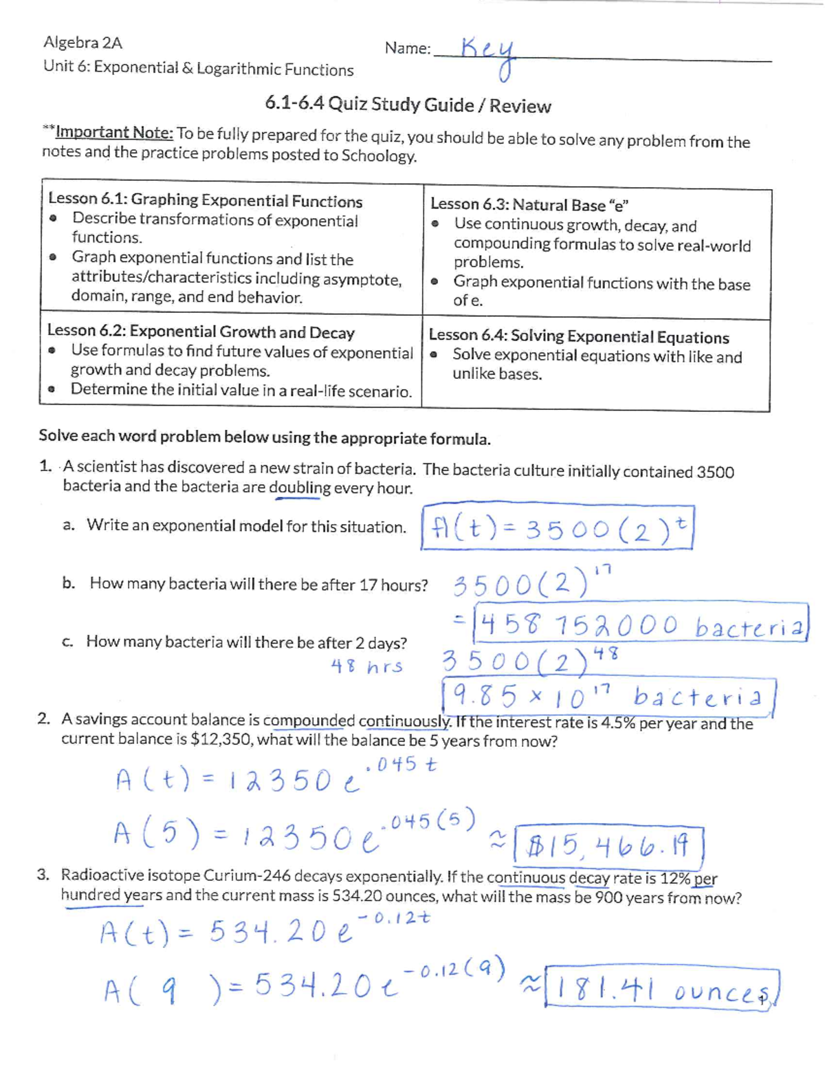 Algebra 2A Unit 6: Exponential & Logarithmic Functions Quiz Review ...
