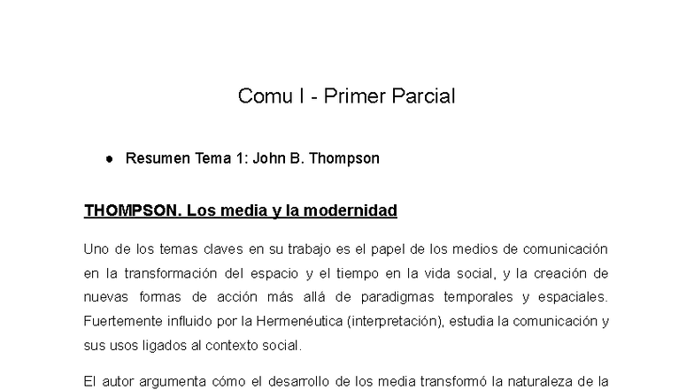 Comu I Primer Parcial Resumen: Medios, Comunicación y Poder en Thompson - Document Preview