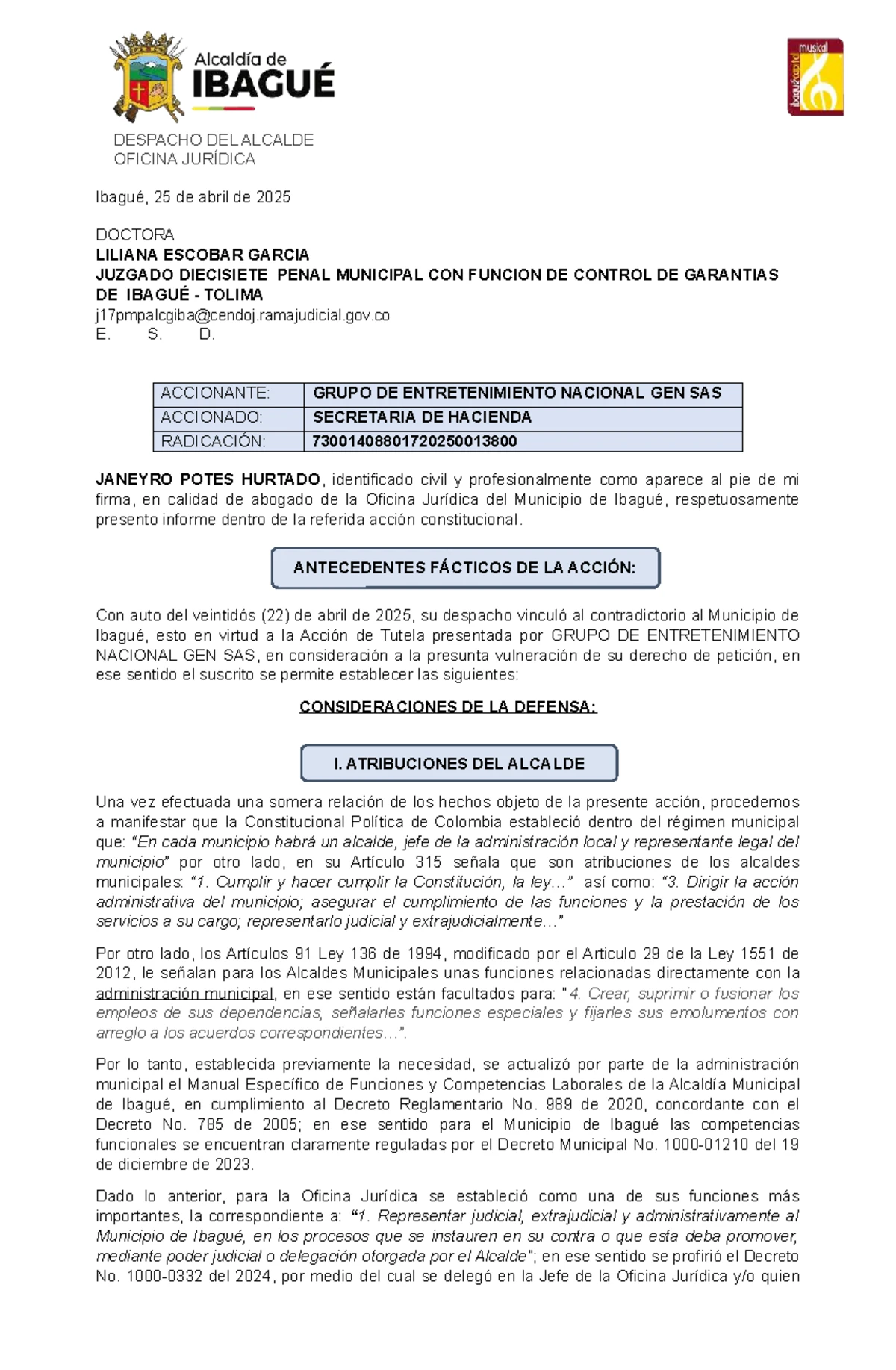 Contestacion Tutela 2025-138 - Alcaldía de IBAGUÉ DESPACHO DEL ALCALDE ...