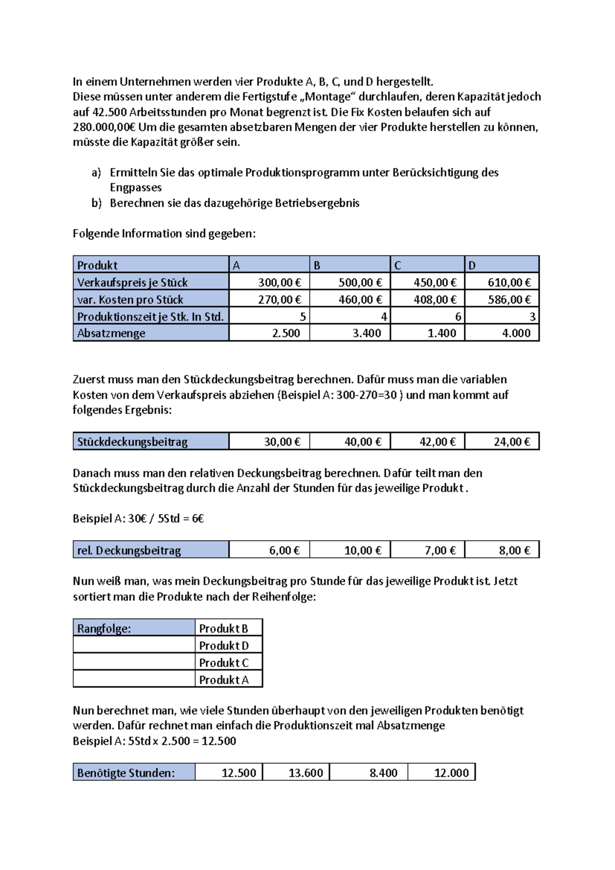 BWL Engpassanalyse & Optimalproduktion: Beispiel und Übungsansatz - Studocu
