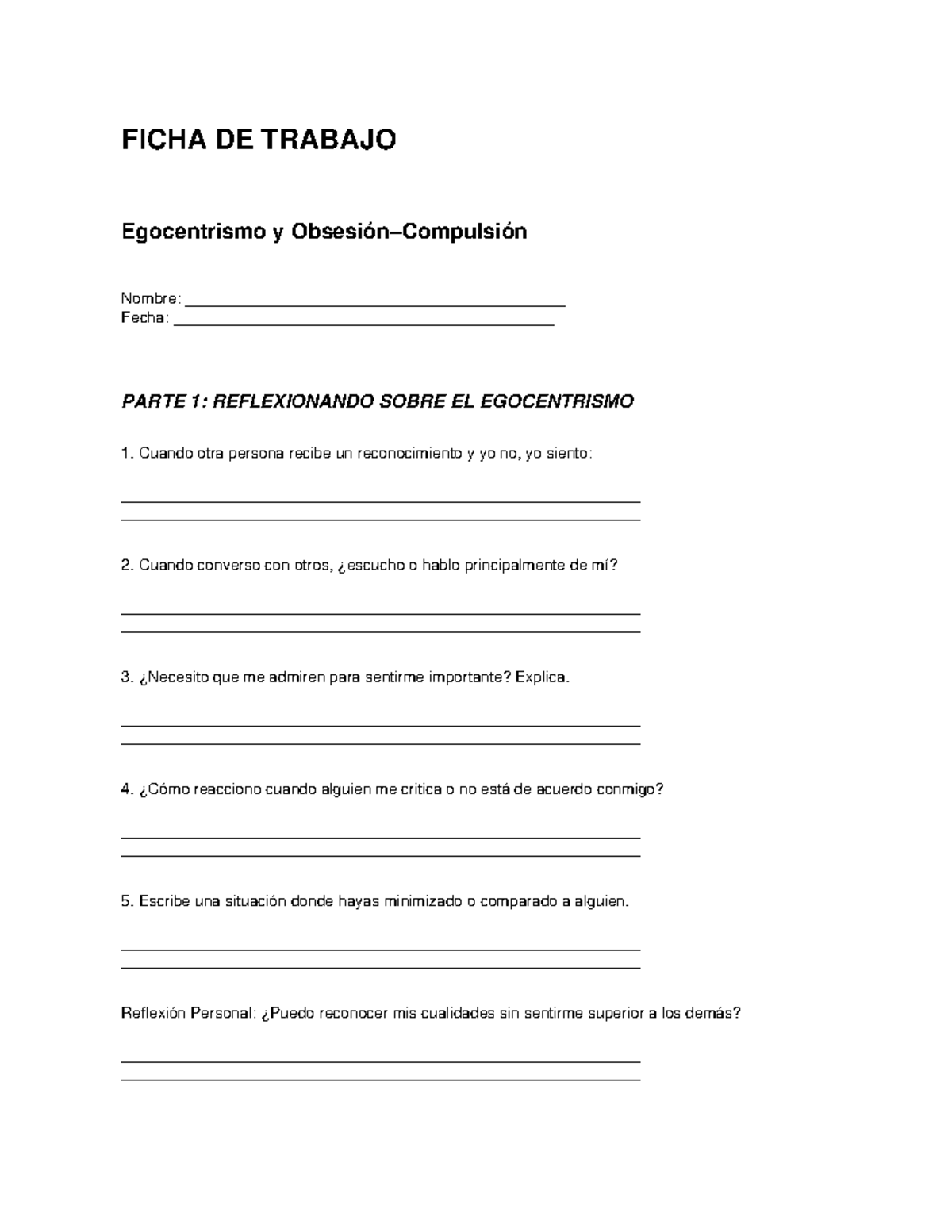 Ficha de Trabajo: Egocentrismo y Compulsión en Adolescentes - Studocu