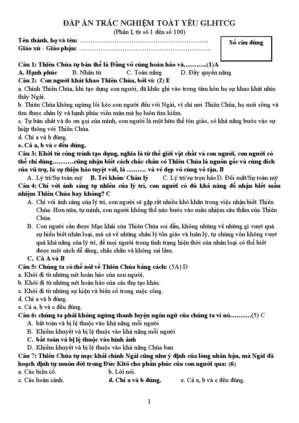 ĐÁP ÁN TRẮC NGHIỆM TOÁT YẾU GLHTCG (Phần I, Câu 1-100) - Document Preview