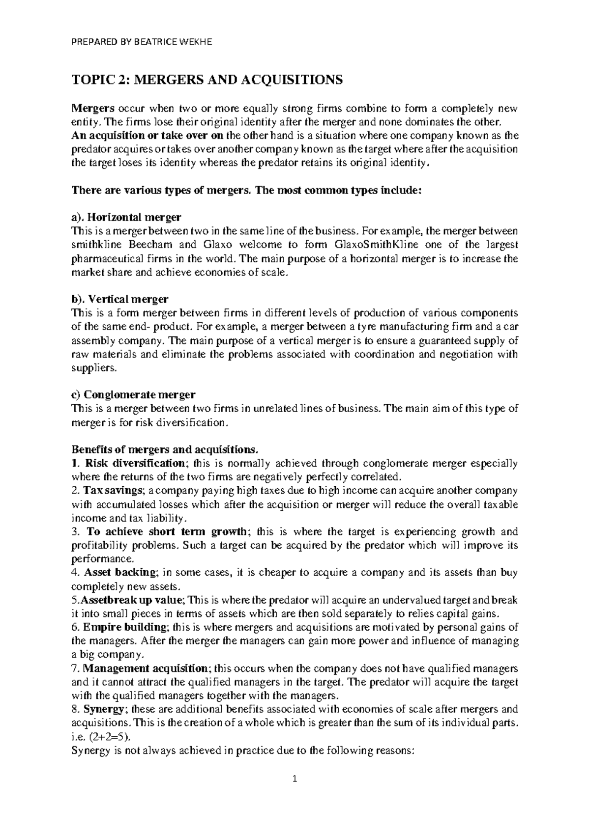 Issues in financial management Topic 2 Notes - TOPIC 2: MERGERS AND ...