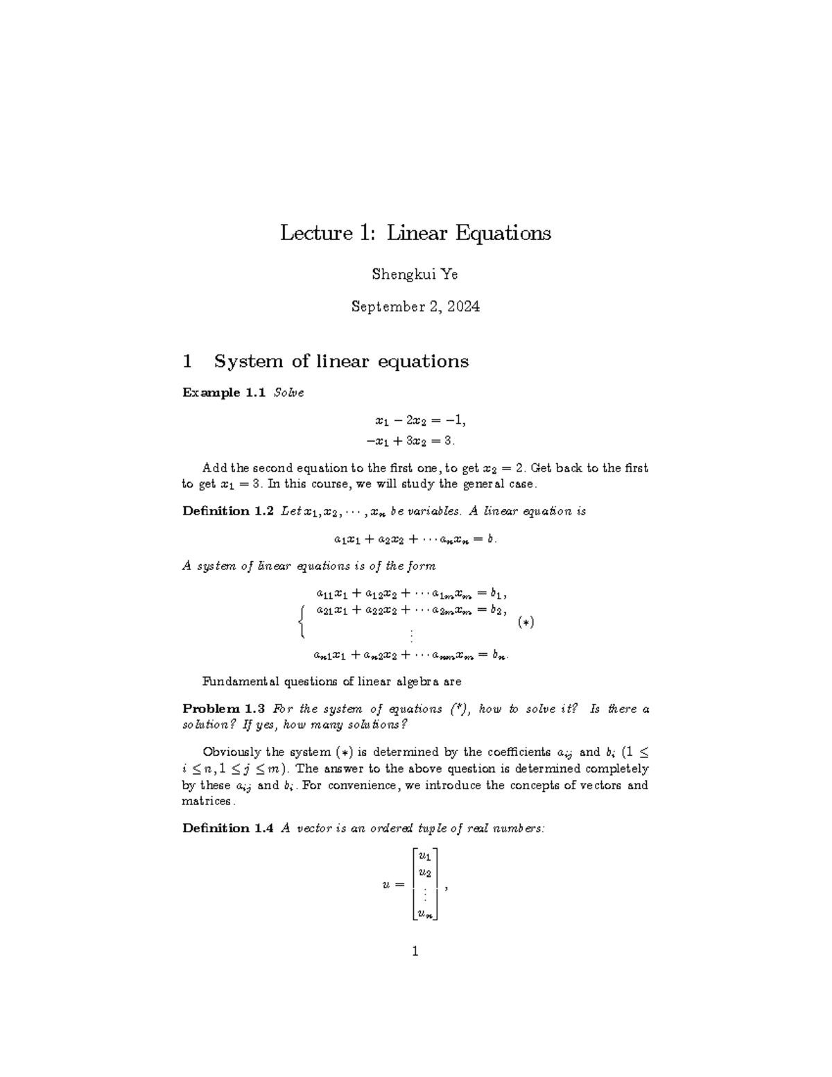 Lecture 1: Introduction to Linear Equations and Systems - Studocu