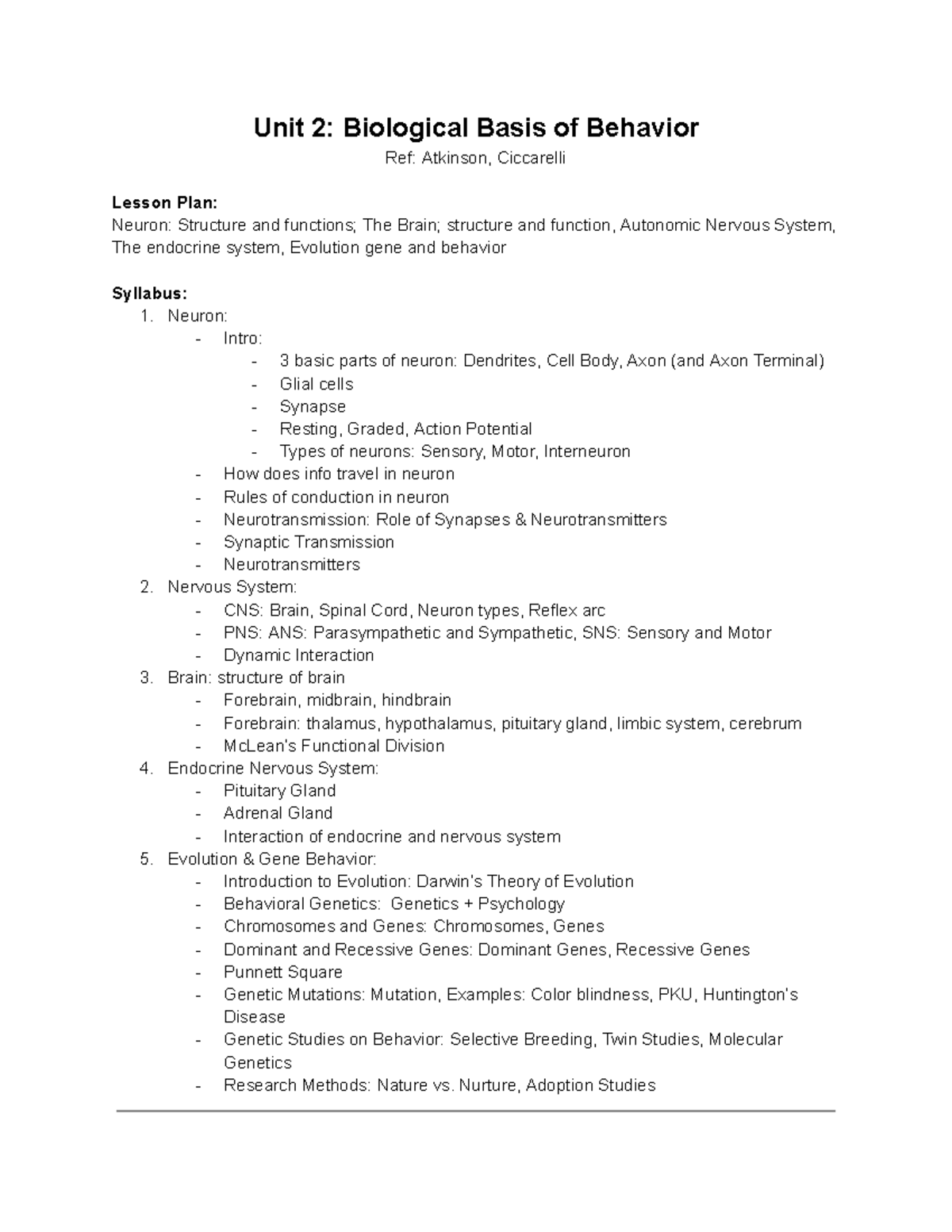 Unit 2: Biological Basis of Behavior - Basic Psychological Processes ...