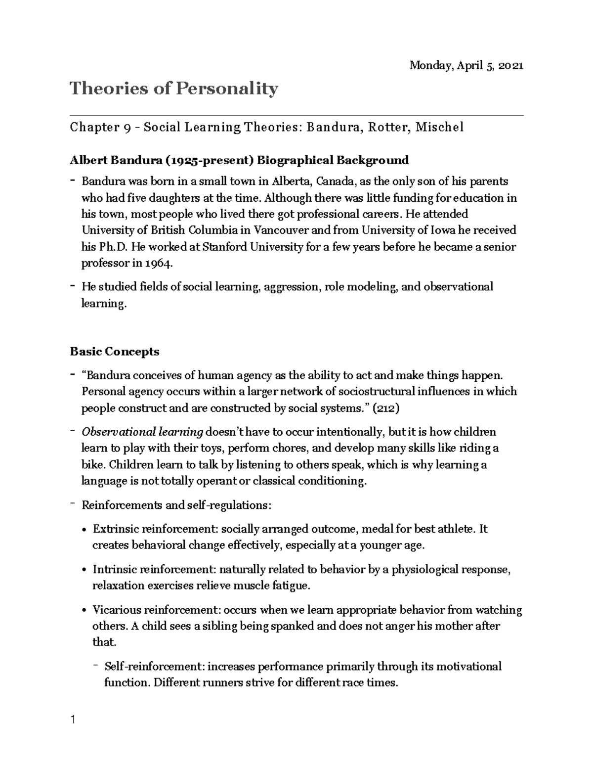 Theories of Personality Chapter 9 Notes - Bandura & Mischel Insights ...