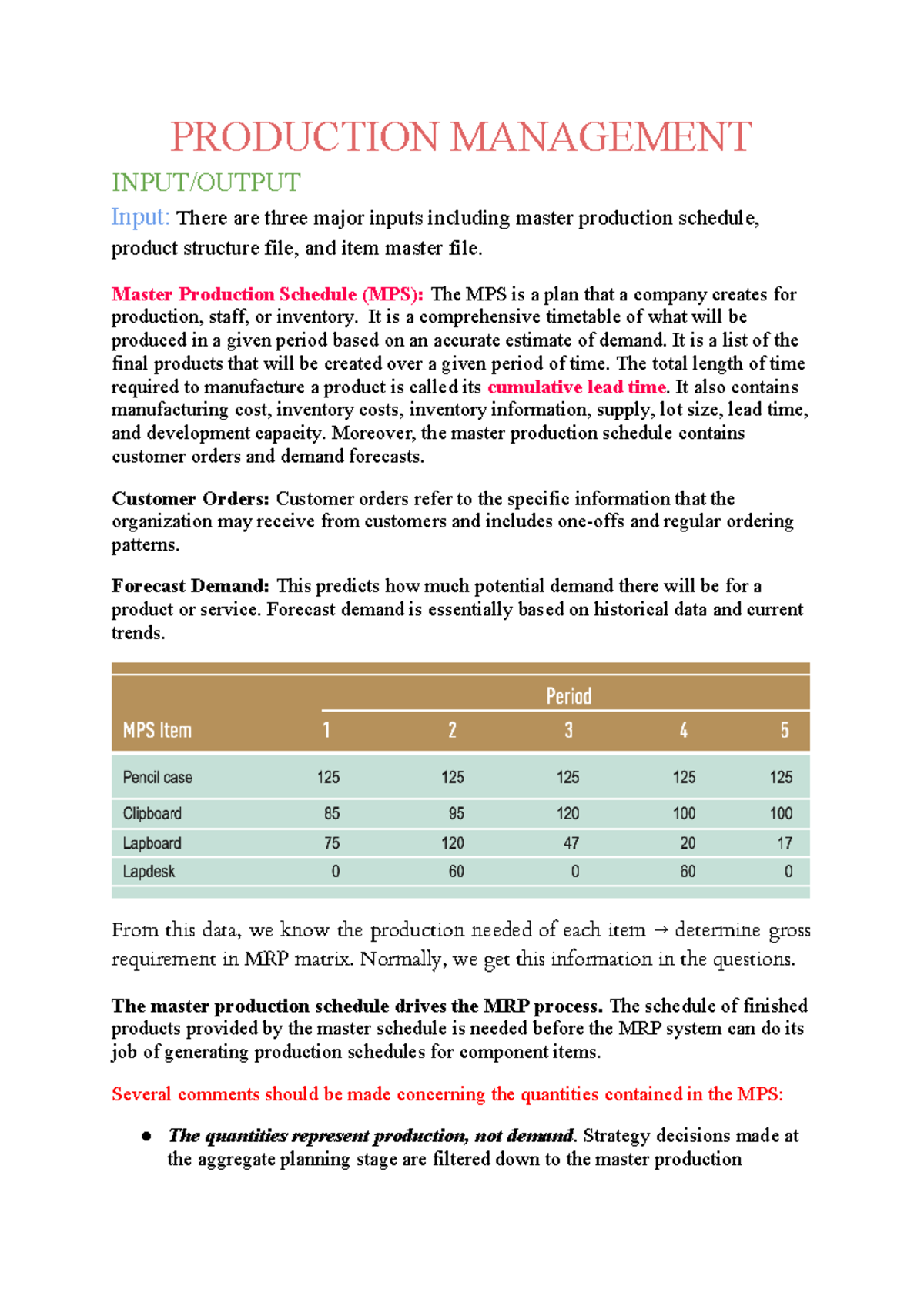 PROD MGMT: Master Production Schedule & MRP Outputs Overview - Studocu
