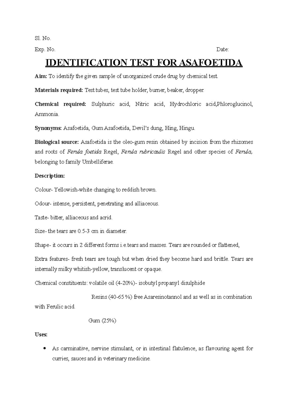 Identification Test for Asafoetida: Methods & Observations - Studocu