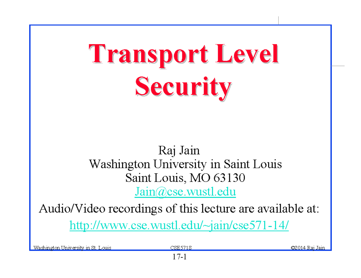 CSE571S Lecture Notes: Transport Layer Security (TLS) Overview - Studocu