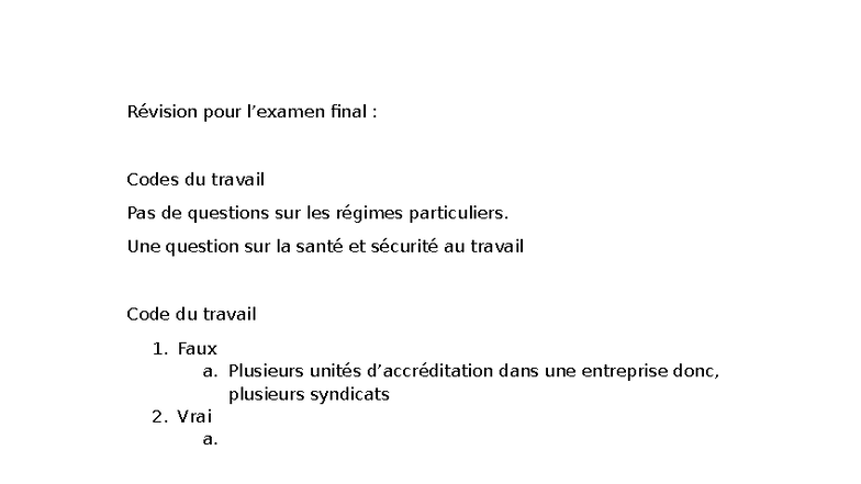 Révision pour l'examen final : Codes du travail et négociation - Studocu