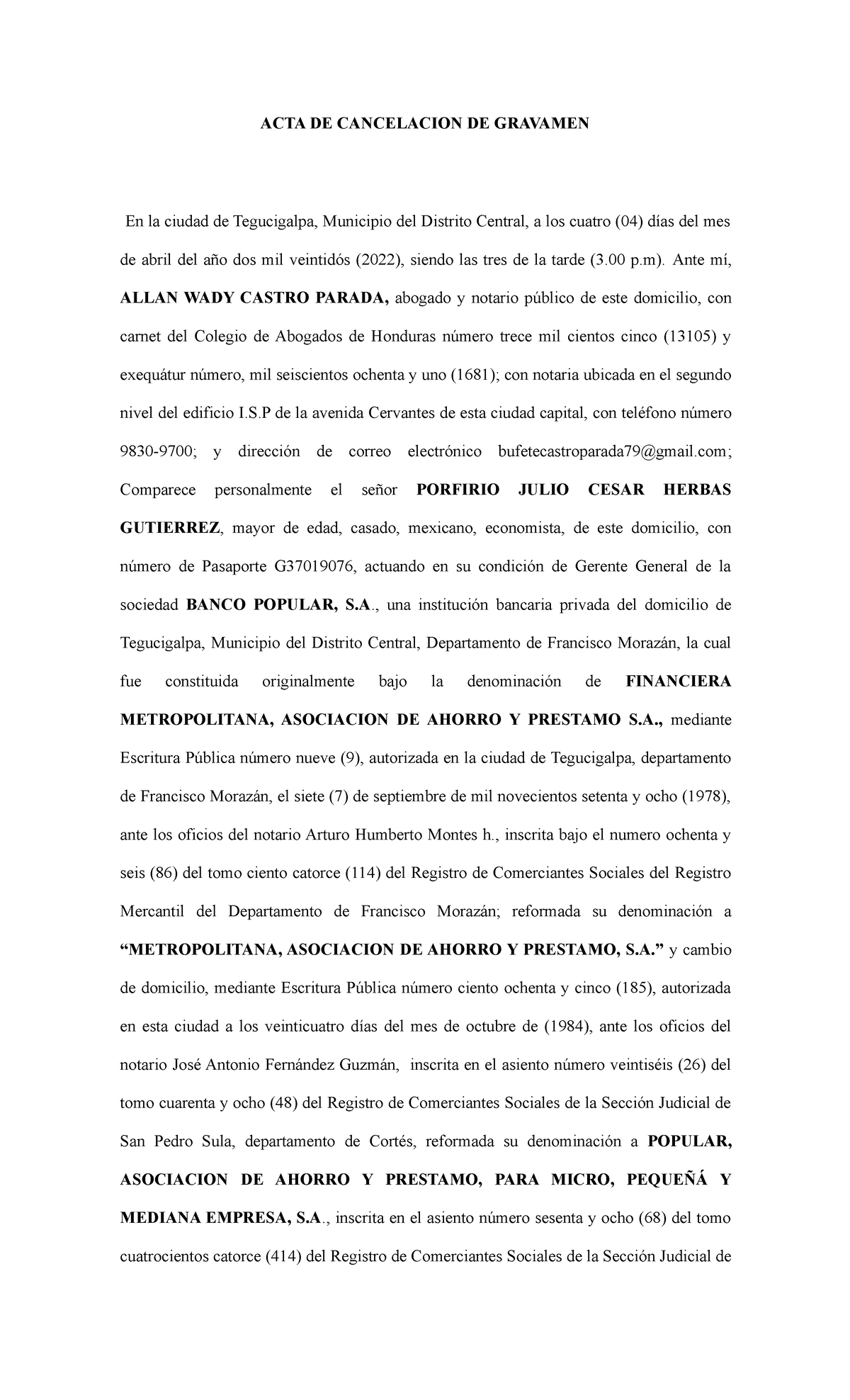 ACTA DE CANCELACIÓN DE GRAVAMEN 1 Hipoteca Banco Popular - Document Preview