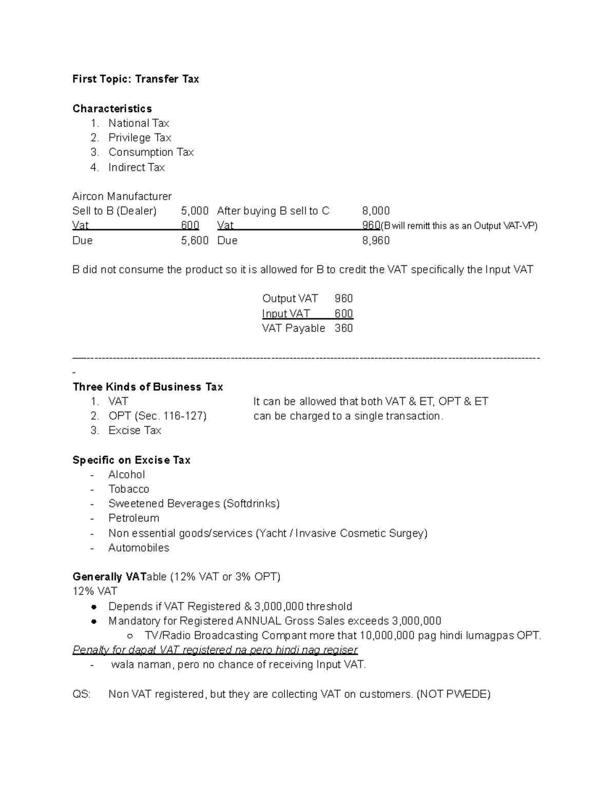 Tax Notes: Transfer Tax Characteristics and VAT Implications - Studocu