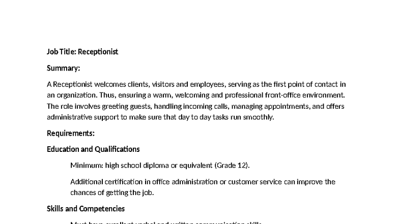 Job Description: Receptionist - Lecture Notes - Studocu