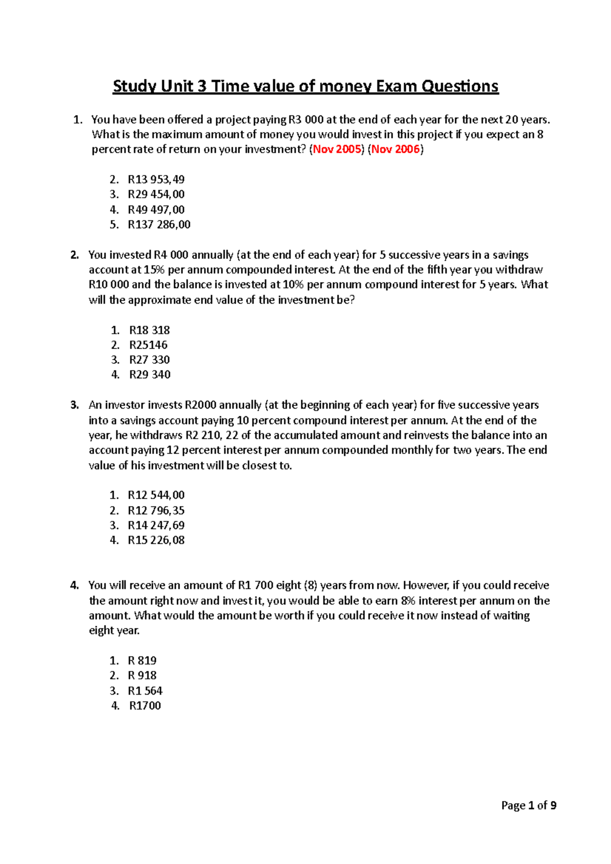 FIN2601 Study Unit 3 Time Value of Money Exam Questions & Solutions ...