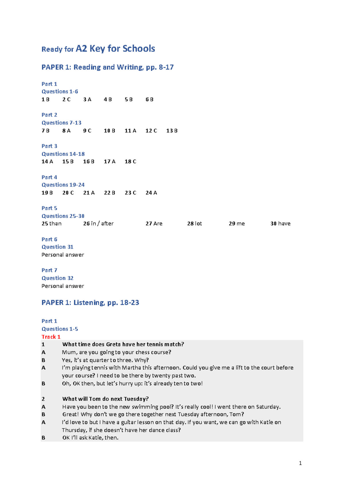 Ready for A2 Key for Schools 8 Test Answer Key and Transcripts - Studocu