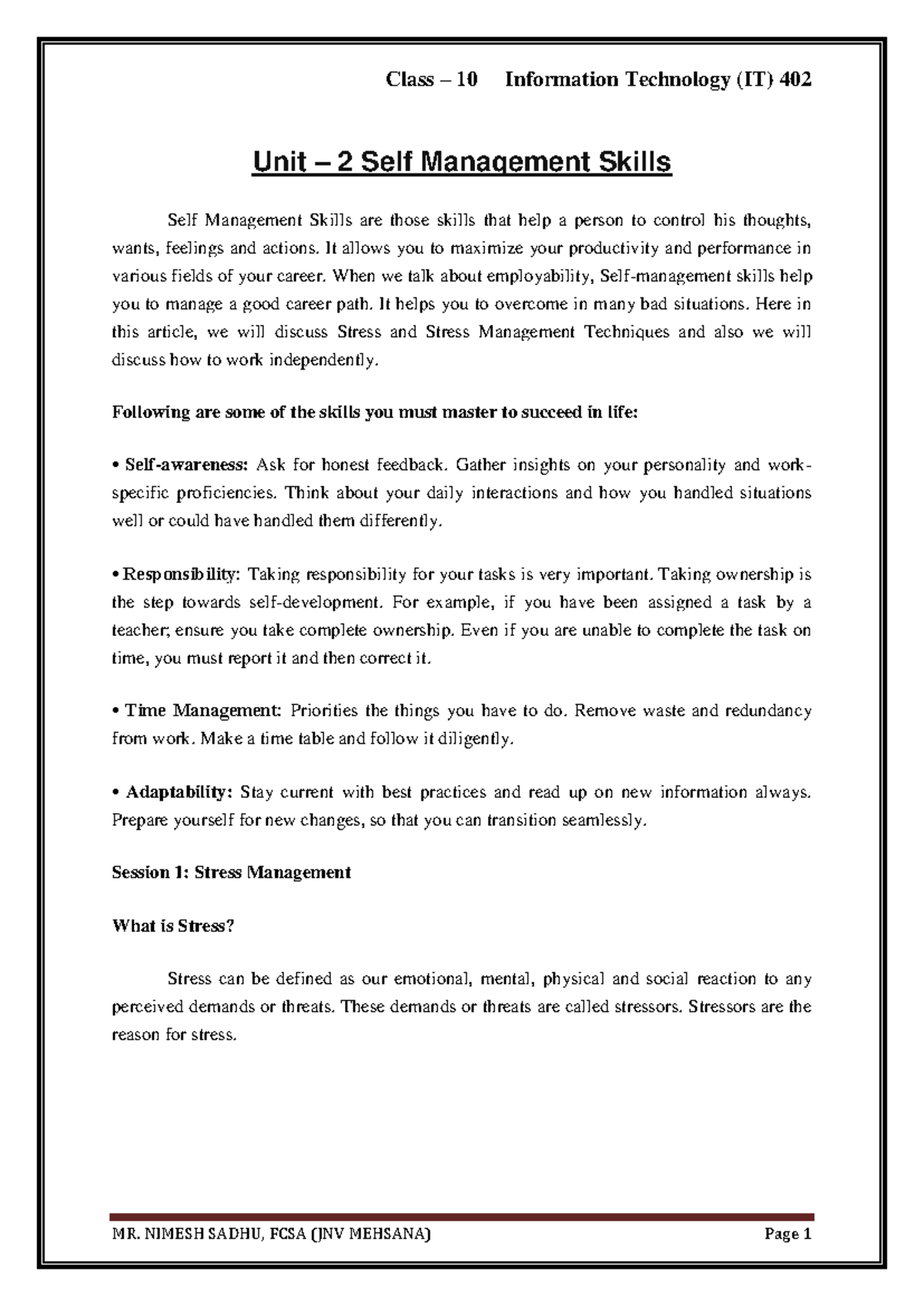 self management - Unit – 2 Self Management Skills Self Management ...