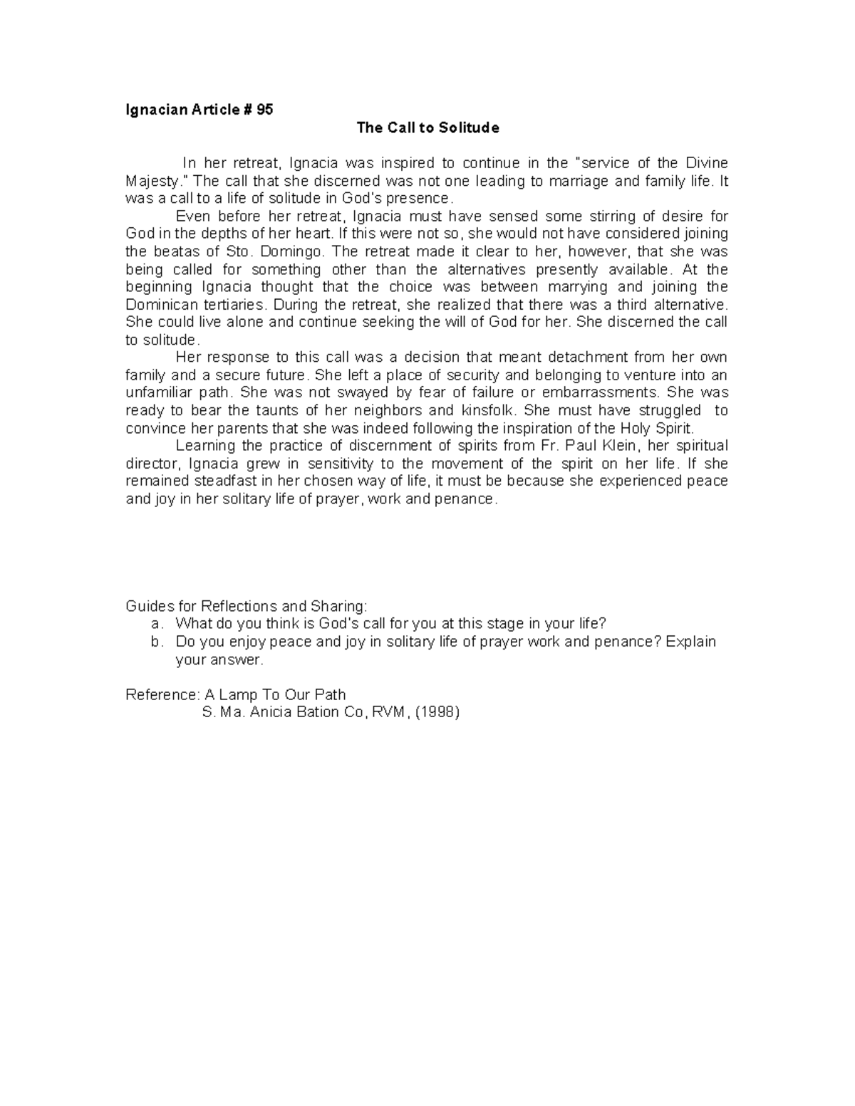 Ignacian Article 95: The Call to Solitude and Discernment - Studocu