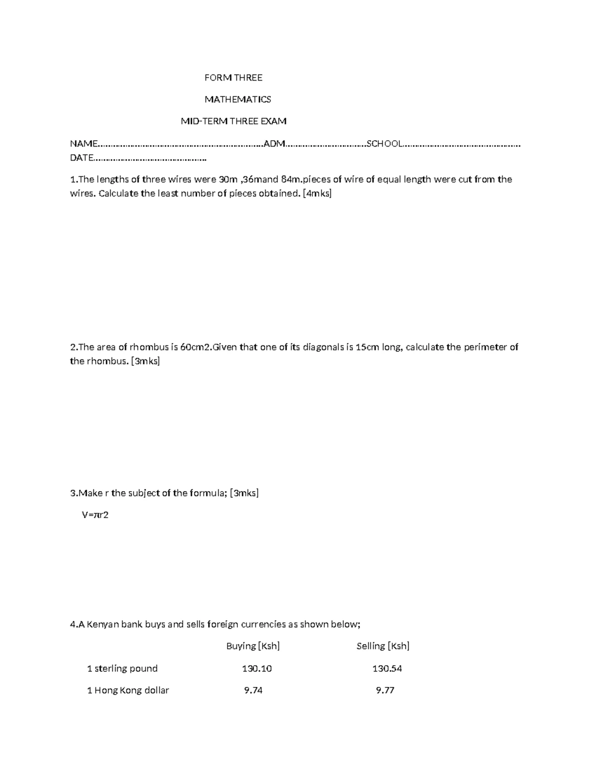 FORM THREE BST - Term 3 Exam Revision Paper - Studocu