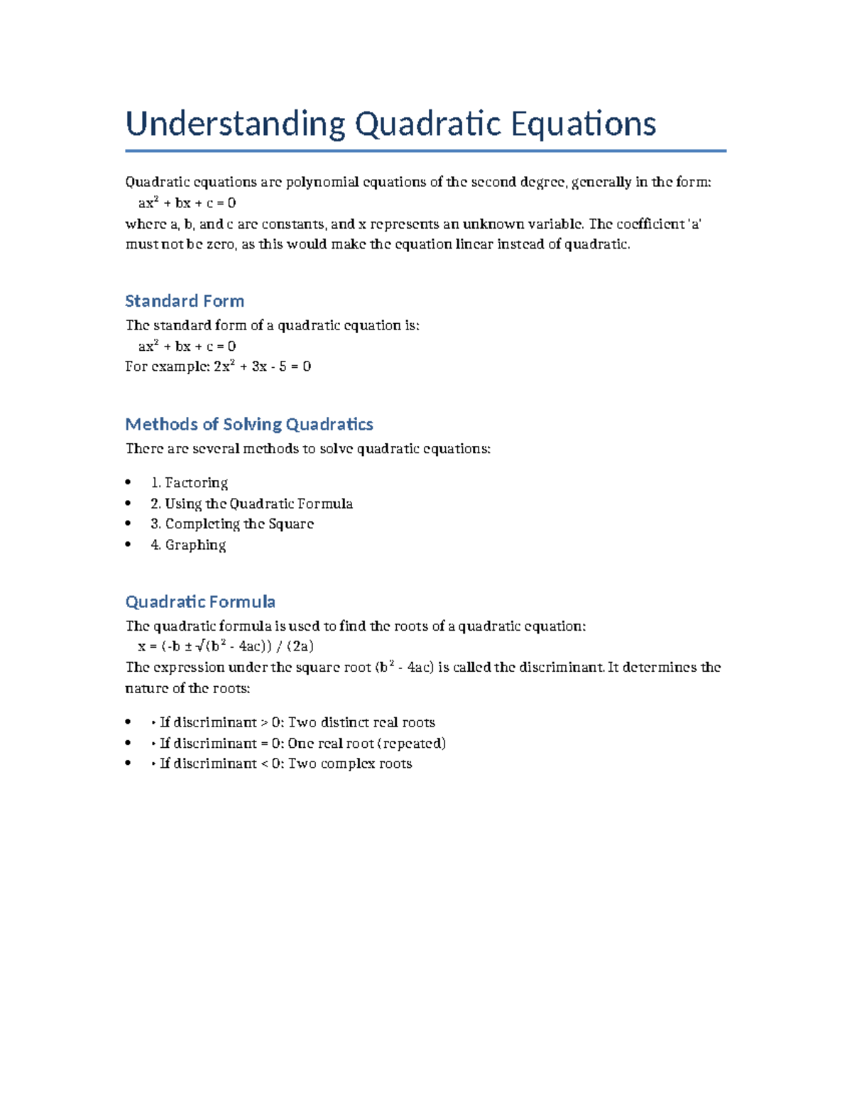 Quadratic Equations - homework assignment - Understanding Quadratic ...
